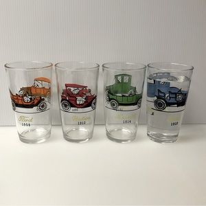 vtg HAZEL ATLAS Set of 4 Glasses Cars Trucks Dated Orange Red Green Blue